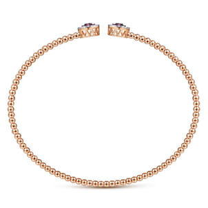 14K Rose Gold Bujukan Bead Cuff Bracelet with Ruby and Diamond Halo Caps