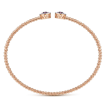 14K Rose Gold Bujukan Bead Cuff Bracelet with Ruby and Diamond Halo Caps