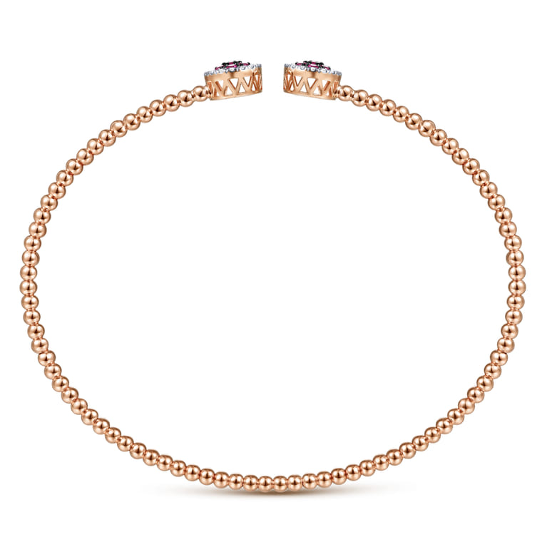 14K Rose Gold Bujukan Bead Cuff Bracelet with Ruby and Diamond Halo Caps - 0.16 ct - Shot 3