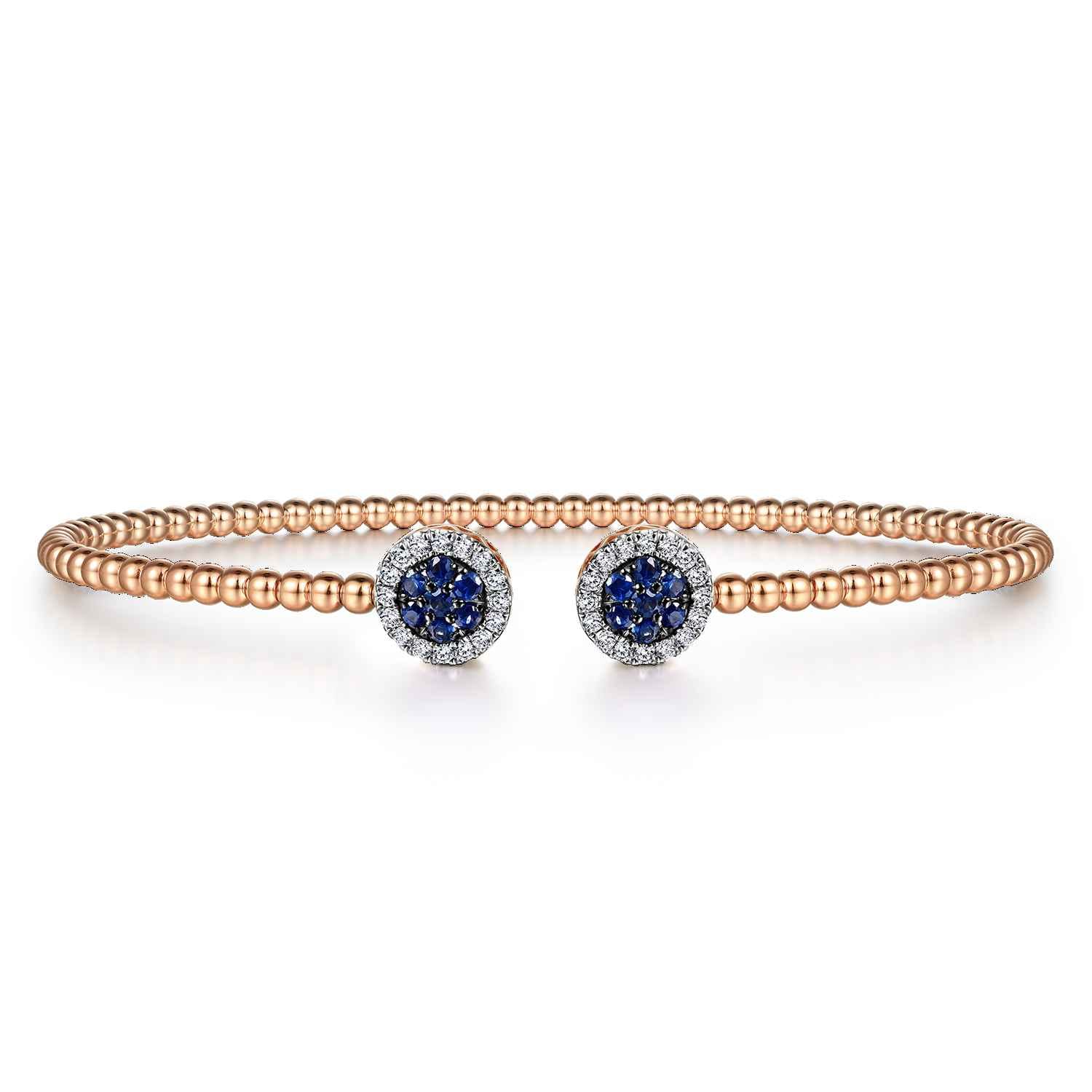 14K Rose Gold Bujukan Bead Cuff Bracelet with Sapphire and Diamond Halo Caps - 0.15 ct - Shot 1