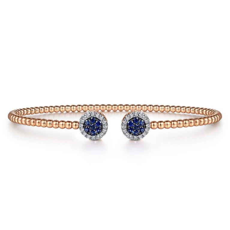 14K Rose Gold Bujukan Bead Cuff Bracelet with Sapphire and Diamond Halo Caps - 0.15 ct - Shot 1