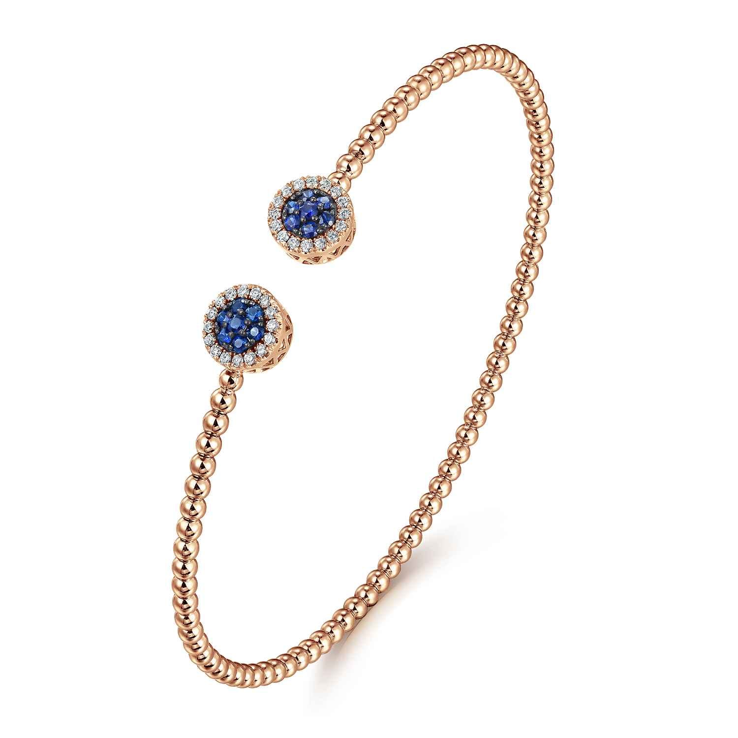 14K Rose Gold Bujukan Bead Cuff Bracelet with Sapphire and Diamond Halo Caps - 0.15 ct - Shot 2
