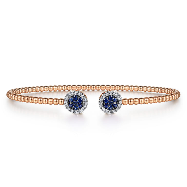 14K Rose Gold Bujukan Bead Cuff Bracelet with Sapphire and Diamond Halo Caps - 0.16 ct - Shot 1
