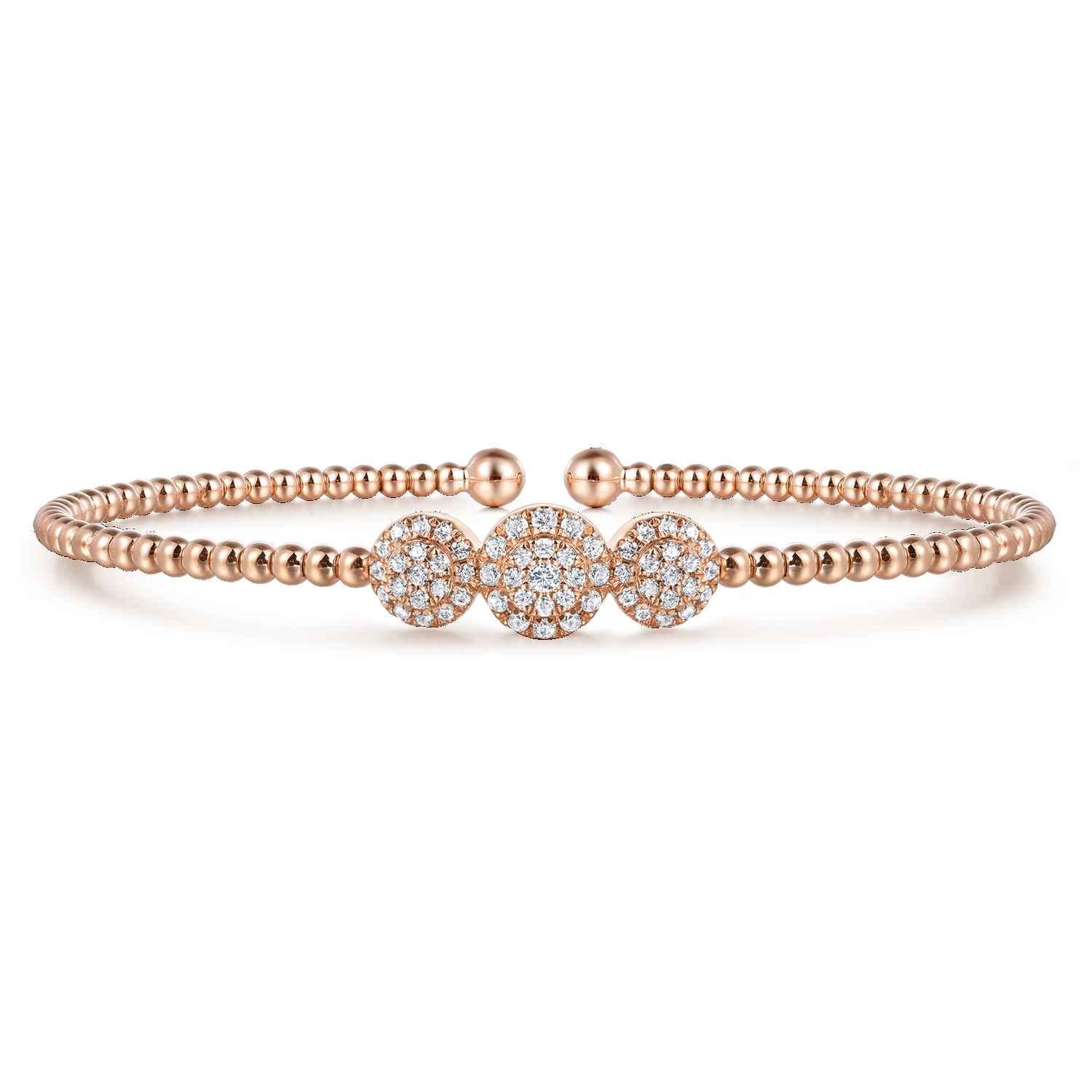 14K Rose Gold Bujukan Bead Cuff Bracelet with Three Pav¿ª Diamond Stations - 0.32 ct - Shot 1