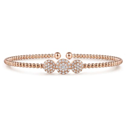 14K Rose Gold Bujukan Bead Cuff Bracelet with Three Pav¿ª Diamond Stations