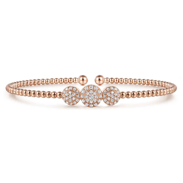 14K Rose Gold Bujukan Bead Cuff Bracelet with Three Pav¿ª Diamond Stations - 0.32 ct - Shot 1