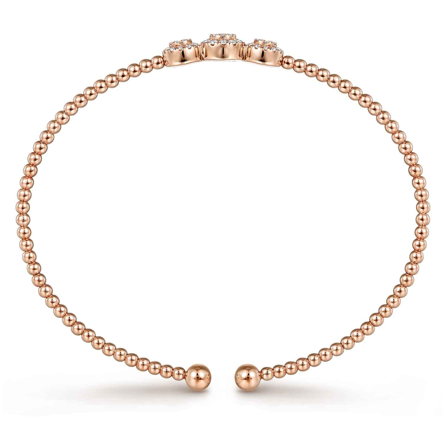 14K Rose Gold Bujukan Bead Cuff Bracelet with Three Pave Diamond Stations - 0.32 ct - Shot 3
