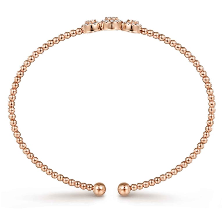 14K Rose Gold Bujukan Bead Cuff Bracelet with Three Pave Diamond Stations - 0.32 ct - Shot 3