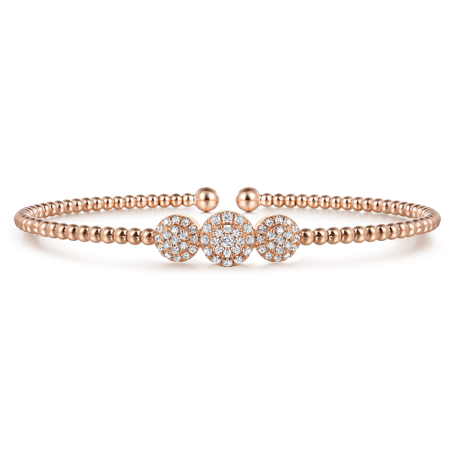 14K Rose Gold Bujukan Bead Cuff Bracelet with Three Pave Diamond Stations - 0.32 ct - Shot 1