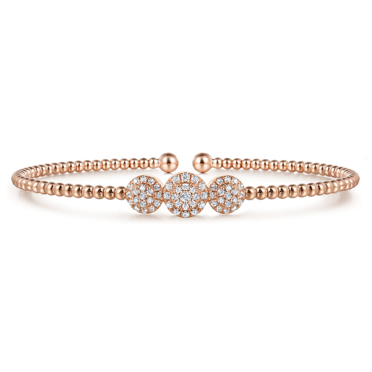 14K Rose Gold Bujukan Bead Cuff Bracelet with Three Pave Diamond Stations - 0.32 ct - Shot 1