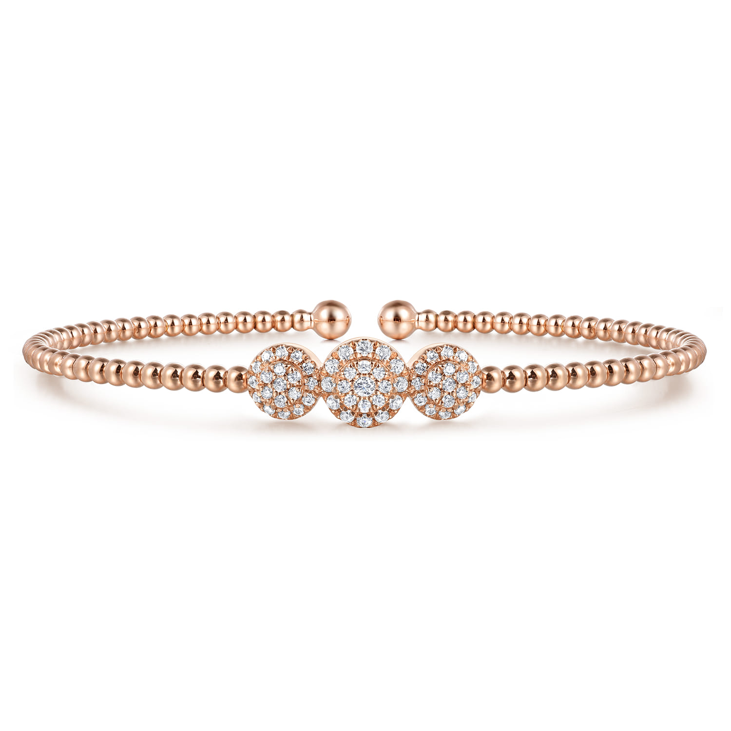 14K Rose Gold Bujukan Bead Cuff Bracelet with Three Pave Diamond Stations - 0.32 ct - Shot 1