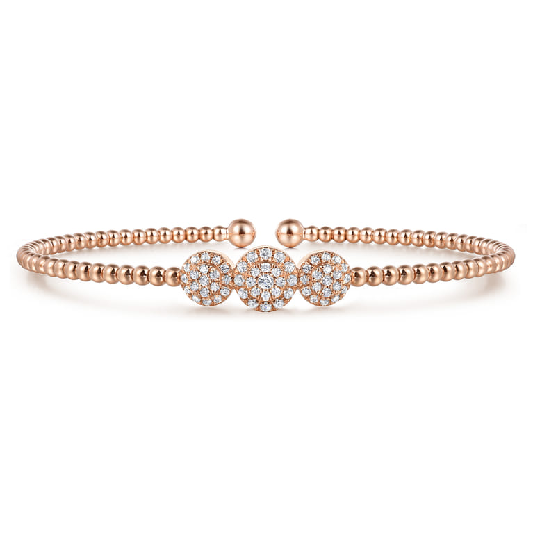 14K Rose Gold Bujukan Bead Cuff Bracelet with Three Pave Diamond Stations - 0.32 ct - Shot 1