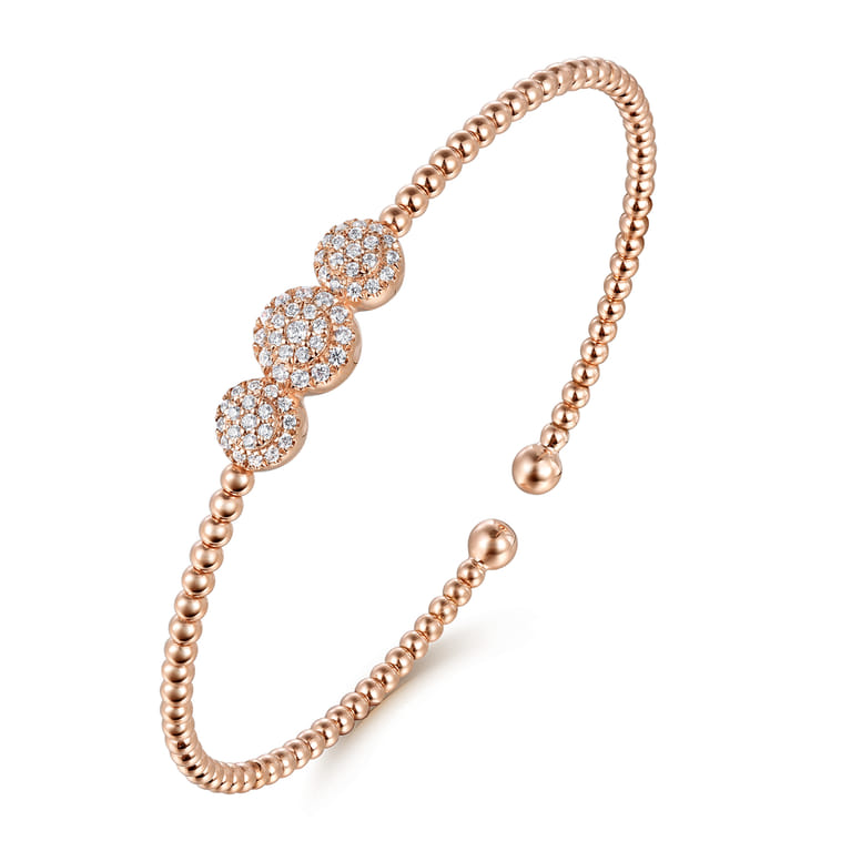 14K Rose Gold Bujukan Bead Cuff Bracelet with Three Pave Diamond Stations - 0.32 ct - Shot 2