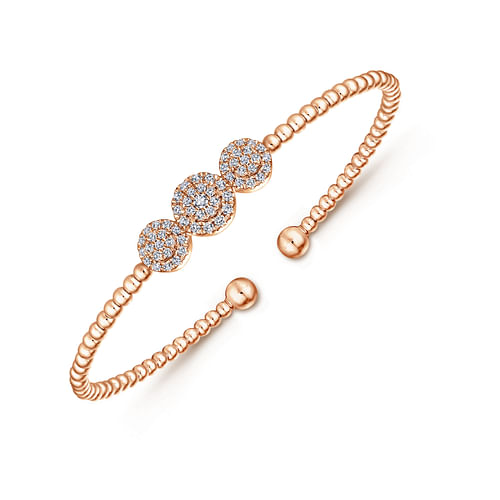 14K Rose Gold Bujukan Bead Cuff Bracelet with Three Pave Diamond Stations - 0.32 ct - Shot 2