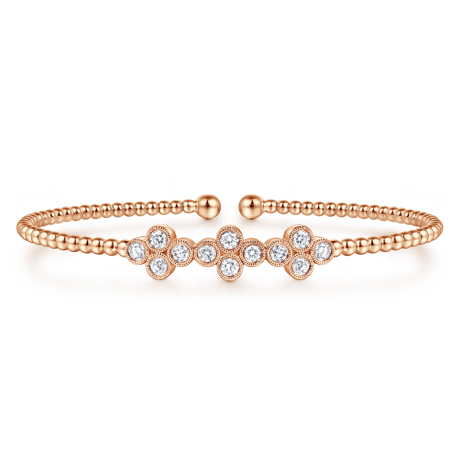 14K Rose Gold Bujukan Bead Cuff Bracelet with Three Quatrefoil Diamond Stations - 0.58 ct - Shot 1