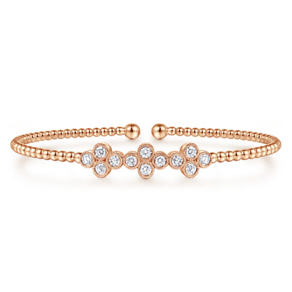 14K Rose Gold Bujukan Bead Cuff Bracelet with Three Quatrefoil Diamond Stations