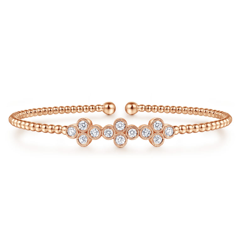 14K Rose Gold Bujukan Bead Cuff Bracelet with Three Quatrefoil Diamond Stations - 0.58 ct - Shot 1