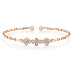 14K Rose Gold Bujukan Bead Cuff Bracelet with Three Quatrefoil Diamond Stations
