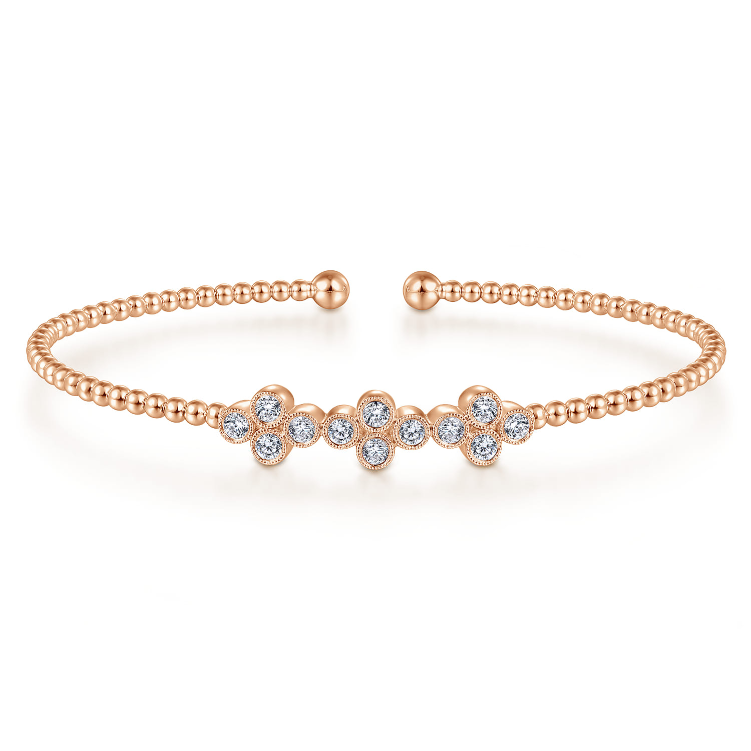 14K Rose Gold Bujukan Bead Cuff Bracelet with Three Quatrefoil Diamond Stations - 0.6 ct - Shot 1