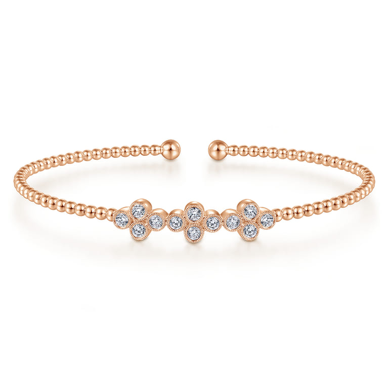 14K Rose Gold Bujukan Bead Cuff Bracelet with Three Quatrefoil Diamond Stations - 0.6 ct - Shot 1
