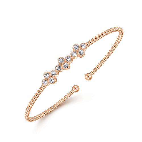 14K Rose Gold Bujukan Bead Cuff Bracelet with Three Quatrefoil Diamond Stations - 0.6 ct - Shot 2