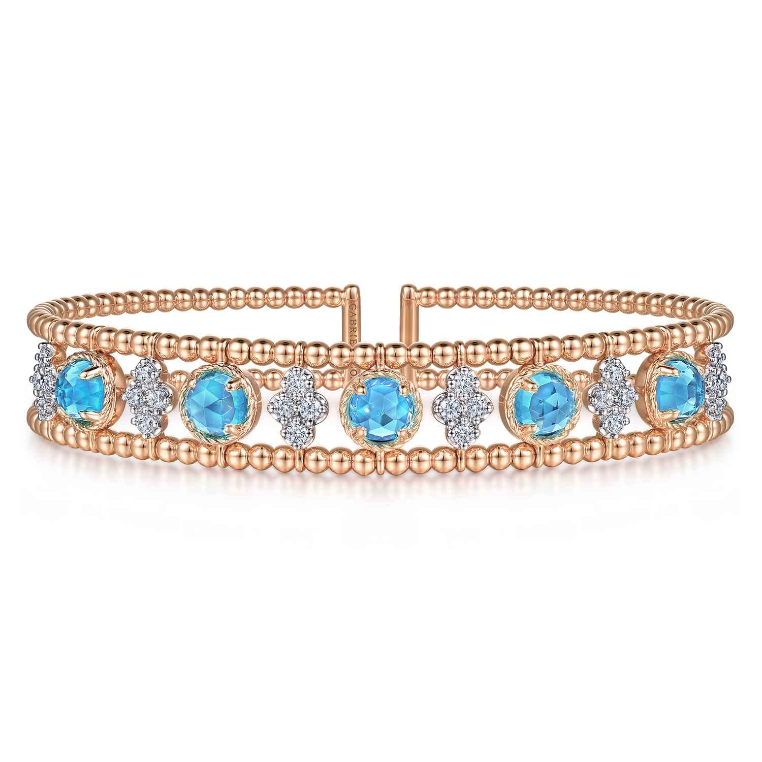 14K Rose Gold Bujukan Bead Diamond and Blue Topaz Cuff Bracelet - 0.57 ct - Shot 1