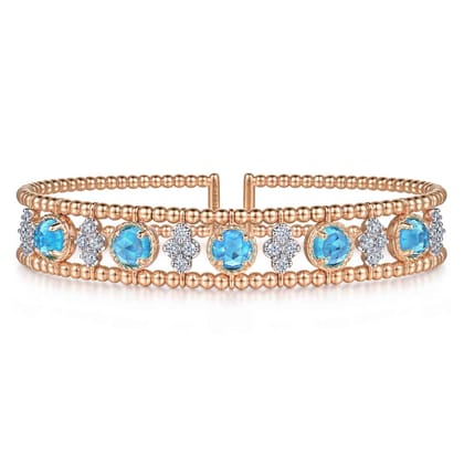 14K Rose Gold Bujukan Bead Diamond and Blue Topaz Cuff Bracelet