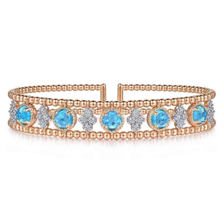 14K Rose Gold Bujukan Bead Diamond and Blue Topaz Cuff Bracelet - 0.57 ct - Shot 1