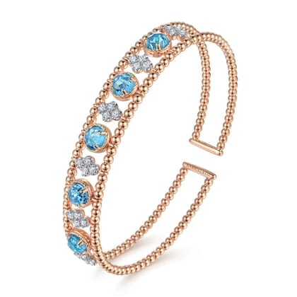 14K Rose Gold Bujukan Bead Diamond and Blue Topaz Cuff Bracelet