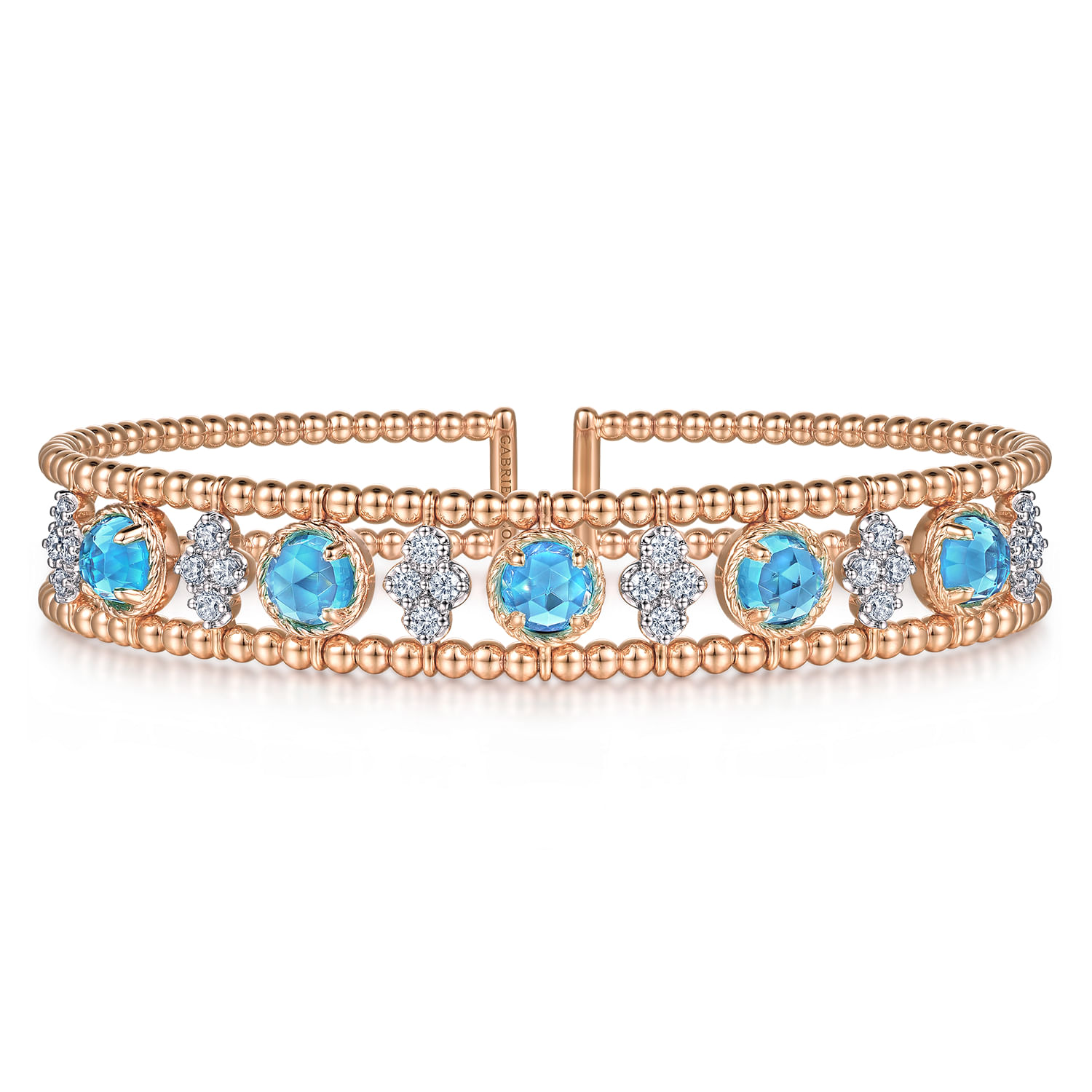 14K Rose Gold Bujukan Bead Diamond and Blue Topaz Cuff Bracelet