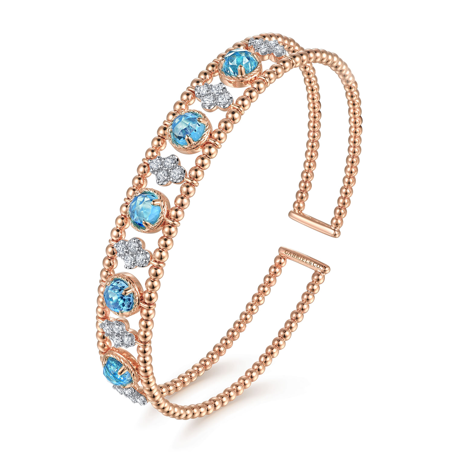 14K Rose Gold Bujukan Bead Diamond and Blue Topaz Cuff Bracelet