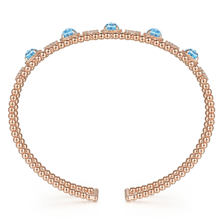 14K Rose Gold Bujukan Bead Diamond and Blue Topaz Cuff Bracelet