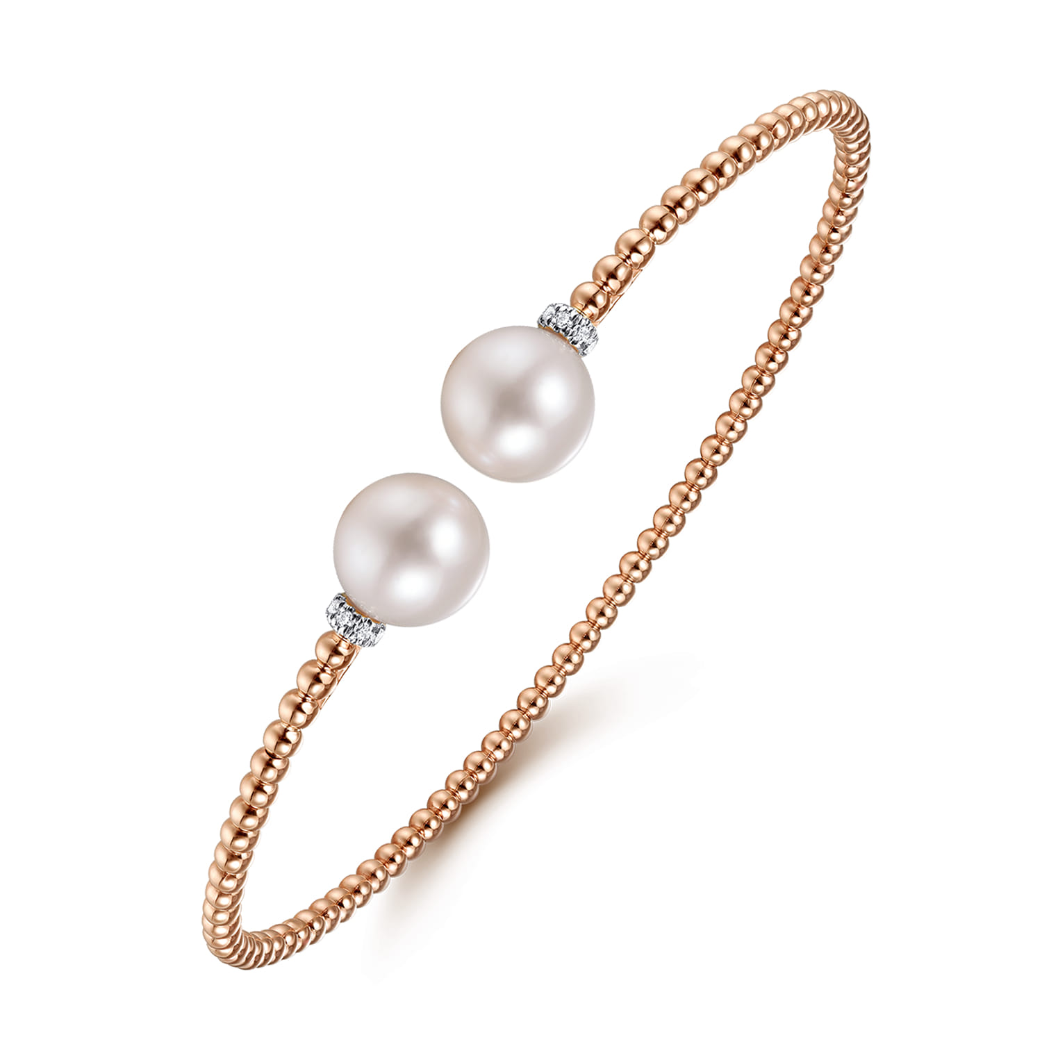 14K Rose Gold Bujukan Bead Split Bracelet with Pearl and Diamond Caps - 0.05 ct - Shot 2