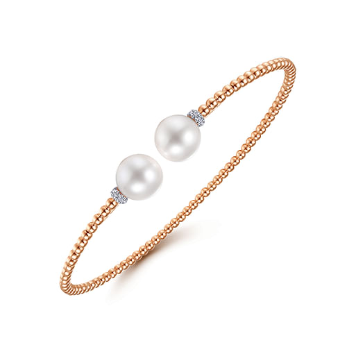 14K Rose Gold Bujukan Bead Split Bracelet with Pearl and Diamond Caps - 0.05 ct - Shot 2