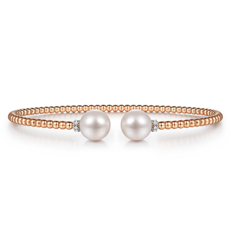 14K Rose Gold Bujukan Bead Split Bracelet with Pearl and Diamond Caps - 0.05 ct - Shot 1
