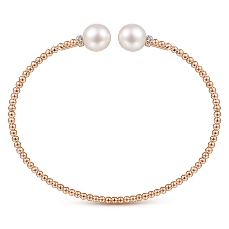 14K Rose Gold Bujukan Bead Split Bracelet with Pearl and Diamond Caps - 0.05 ct - Shot 3