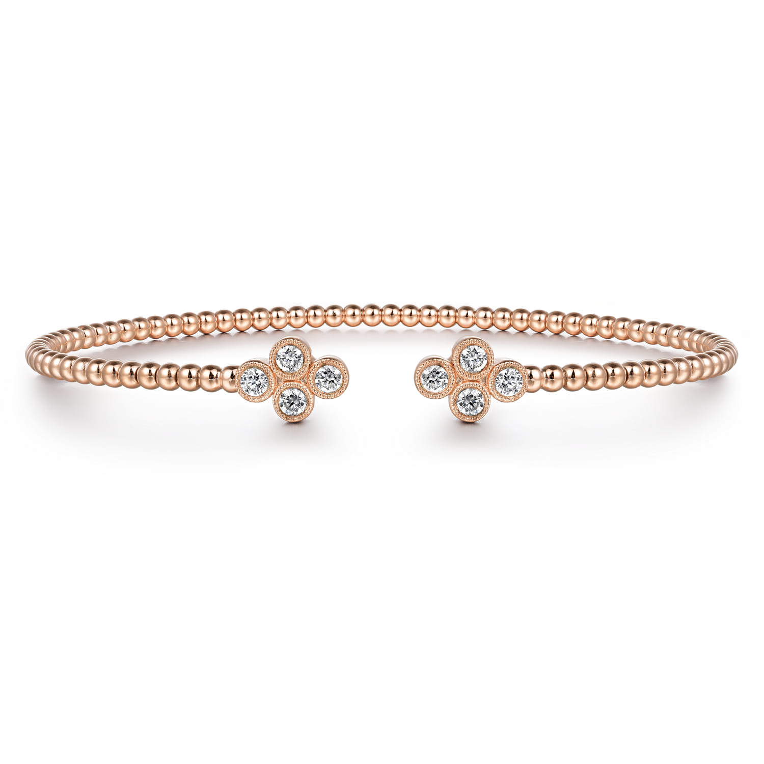 14K Rose Gold Bujukan Bead Split Cuff Bracelet with Clover Diamond Endcaps - 0.38 ct - Shot 1