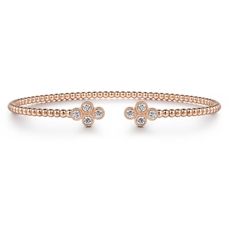 14K Rose Gold Bujukan Bead Split Cuff Bracelet with Clover Diamond Endcaps - 0.38 ct - Shot 1