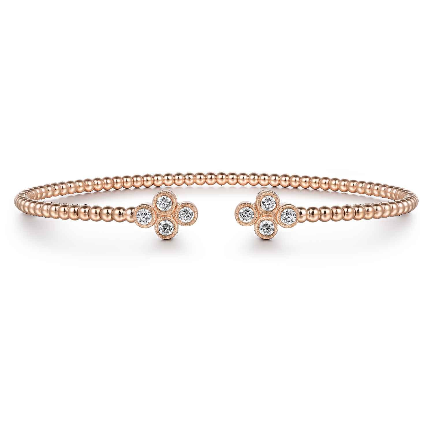 14K Rose Gold Bujukan Bead Split Cuff Bracelet with Quatrefoil Diamond Endcaps - 0.38 ct - Shot 1