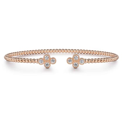 14K Rose Gold Bujukan Bead Split Cuff Bracelet with Quatrefoil Diamond Endcaps