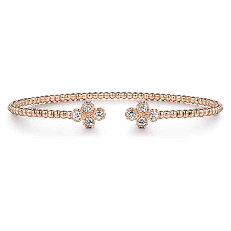 14K Rose Gold Bujukan Bead Split Cuff Bracelet with Quatrefoil Diamond Endcaps - 0.38 ct - Shot 1