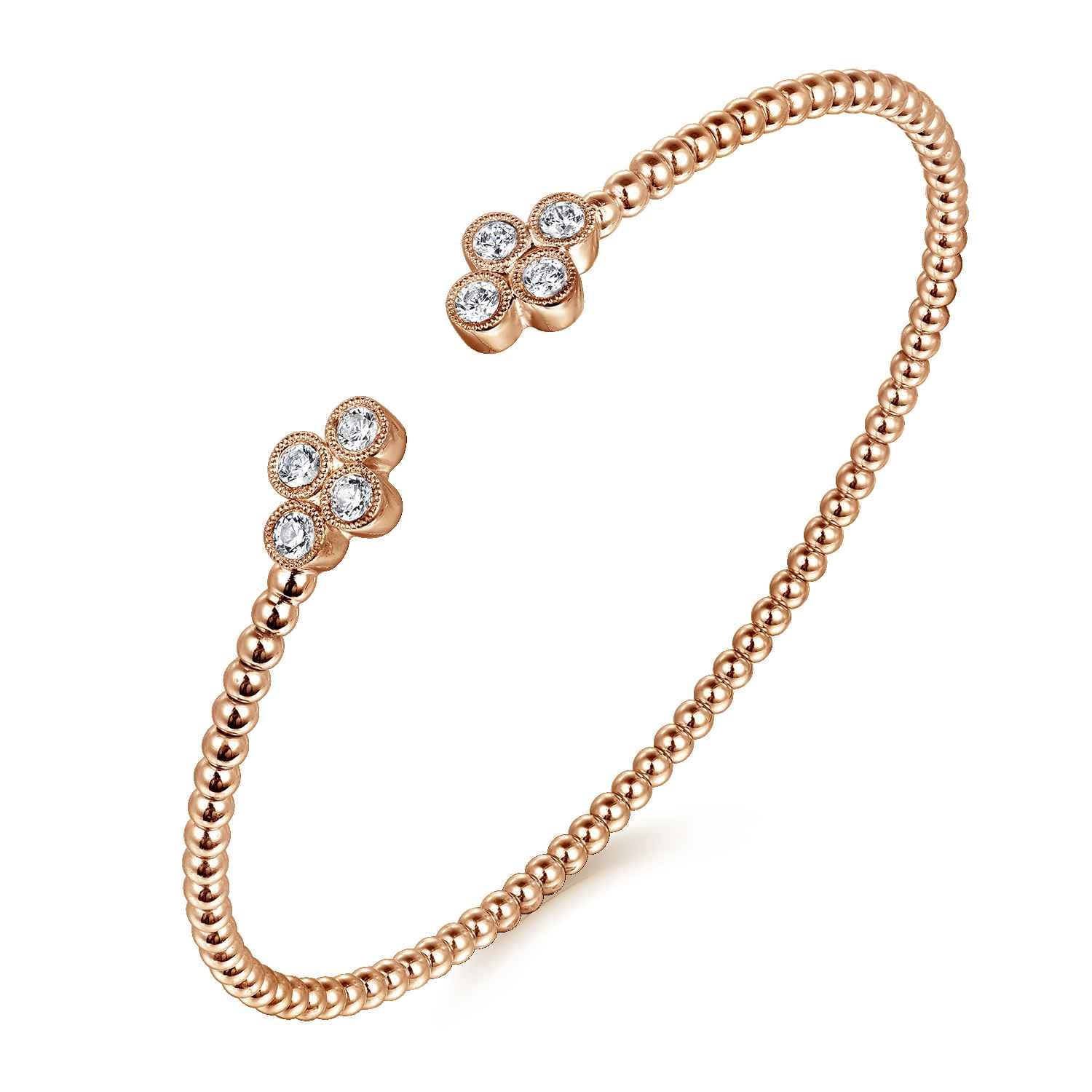 14K Rose Gold Bujukan Bead Split Cuff Bracelet with Quatrefoil Diamond Endcaps - 0.38 ct - Shot 2