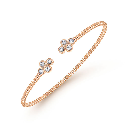 14K Rose Gold Bujukan Bead Split Cuff Bracelet with Quatrefoil Diamond Endcaps - 0.4 ct - Shot 2