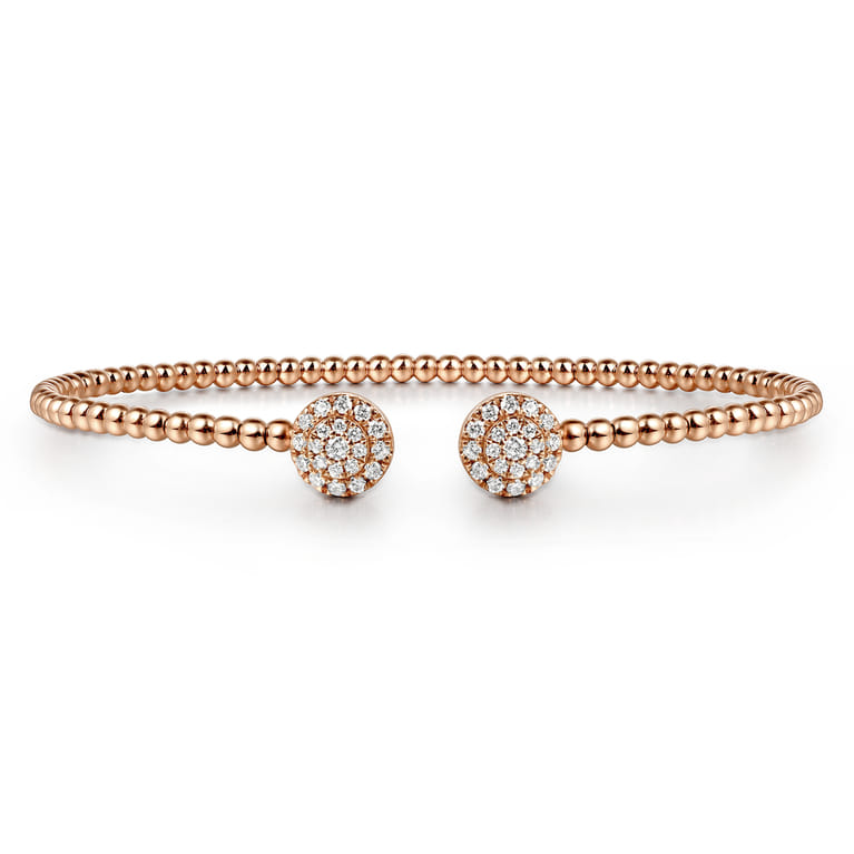 14K Rose Gold Bujukan Bead Split Cuff Bracelet with Round Pave Diamond Discs - 0.3 ct - Shot 1