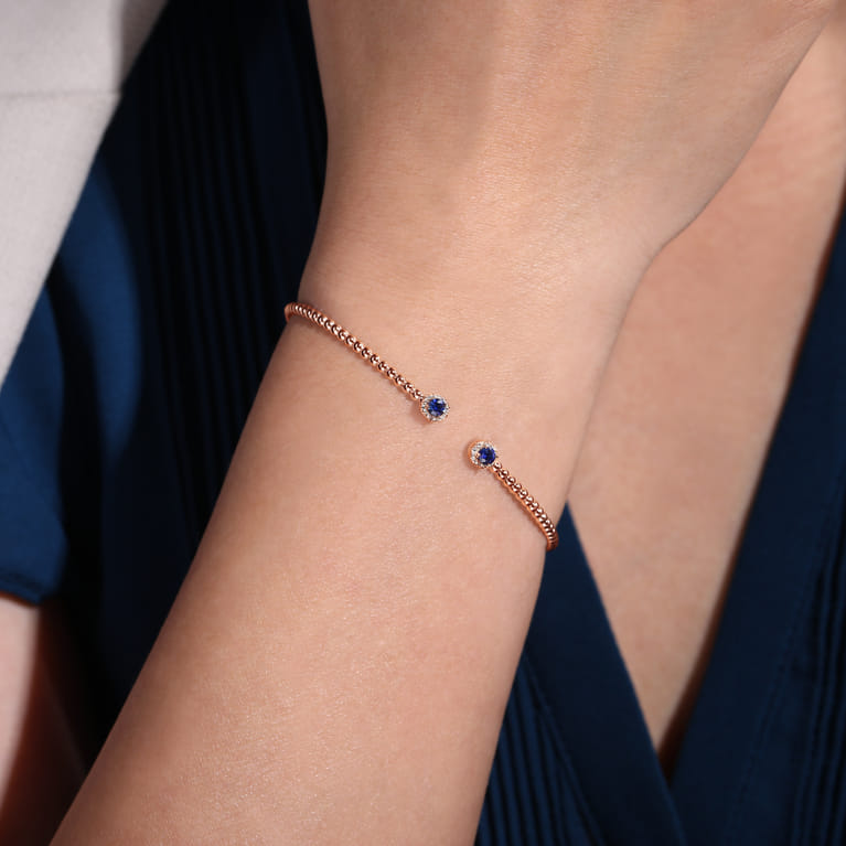 14K Rose Gold Bujukan Bead Split Cuff Bracelet with Sapphire and Diamond - 0.12 ct - Shot 4
