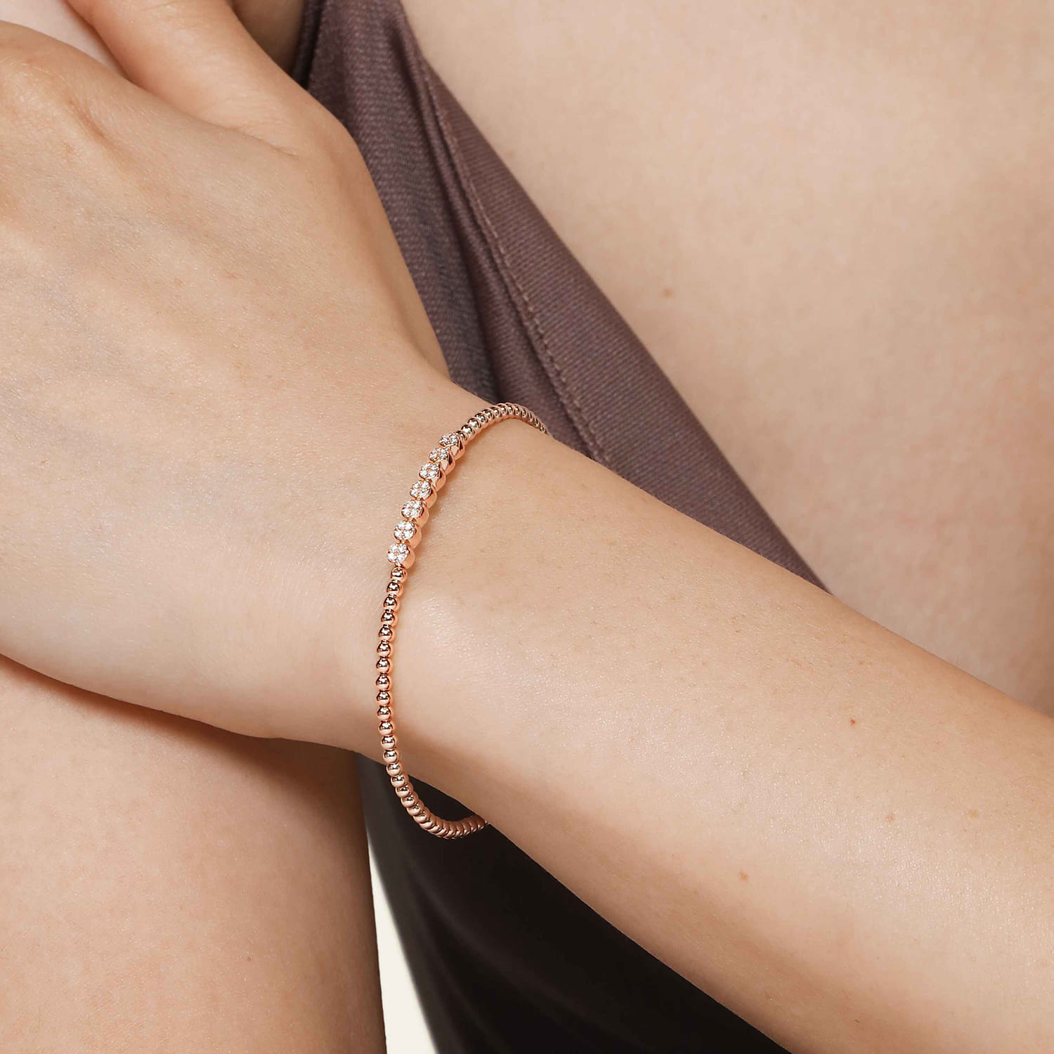 14K Rose Gold Bujukan Bead and Cluster Diamond Bangle - 0.14 ct - Shot 4