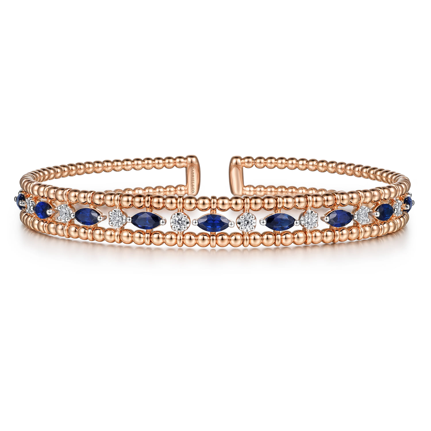 14K Rose Gold Bujukan Cuff Bracelet with Marquise Sapphire and Round Diamonds - 0.25 ct - Shot 1