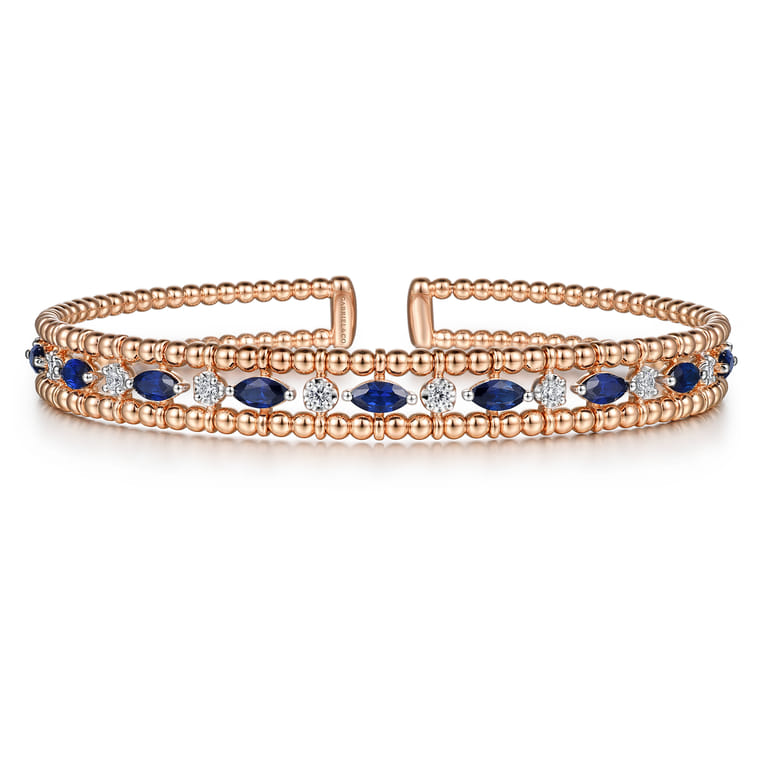 14K Rose Gold Bujukan Cuff Bracelet with Marquise Sapphire and Round Diamonds - 0.25 ct - Shot 1