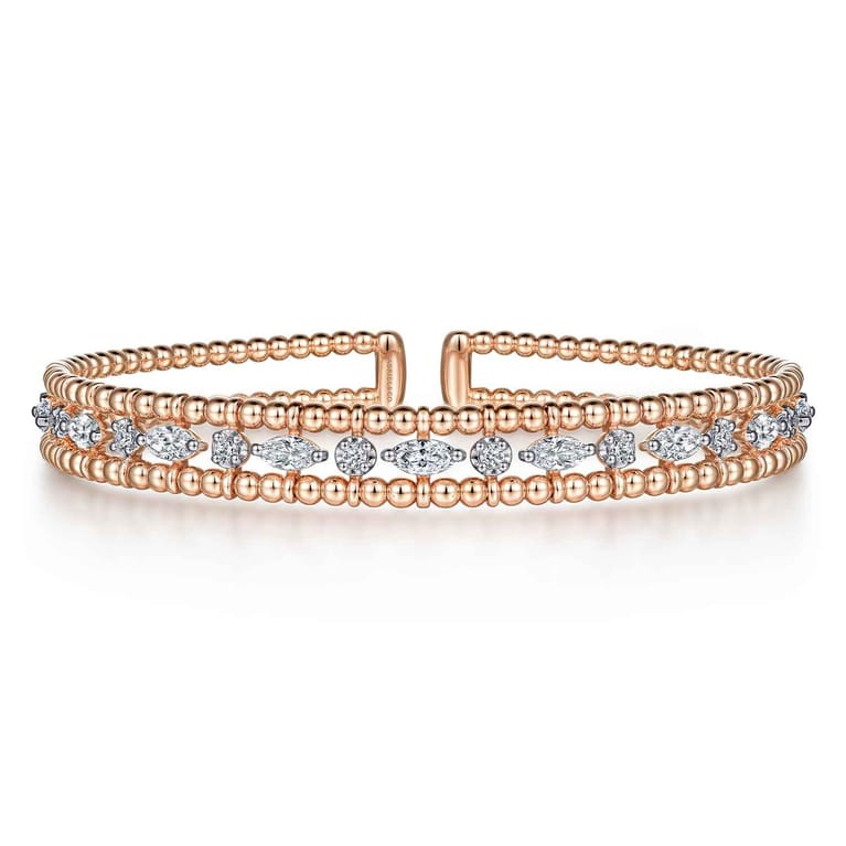 14K Rose Gold Bujukan Cuff Bracelet with Marquise and Round Diamonds - 1.4 ct - Shot 1
