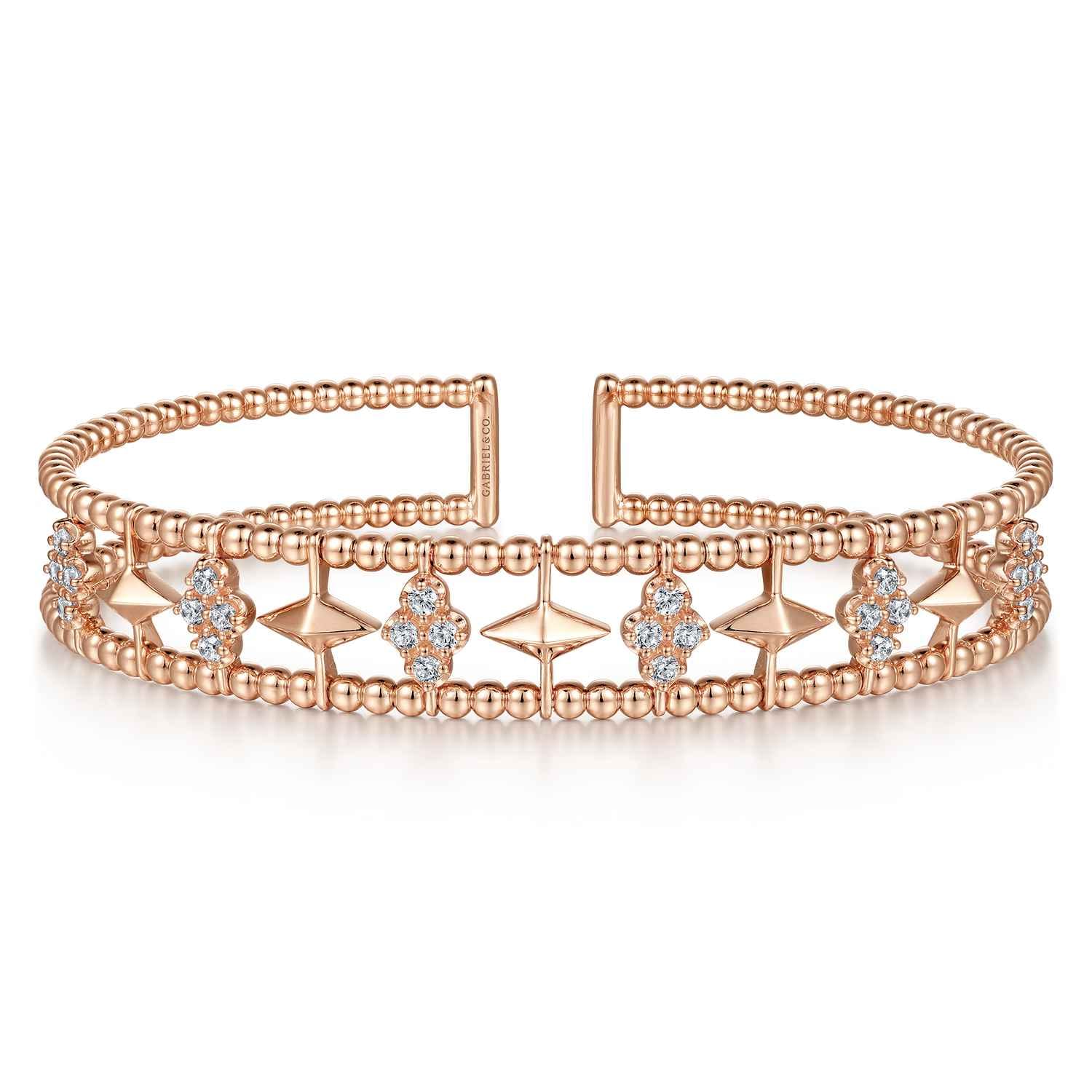 14K Rose Gold Bujukan Diamond Cluster and Gold Pyramid Cuff Bangle - 0.57 ct - Shot 1
